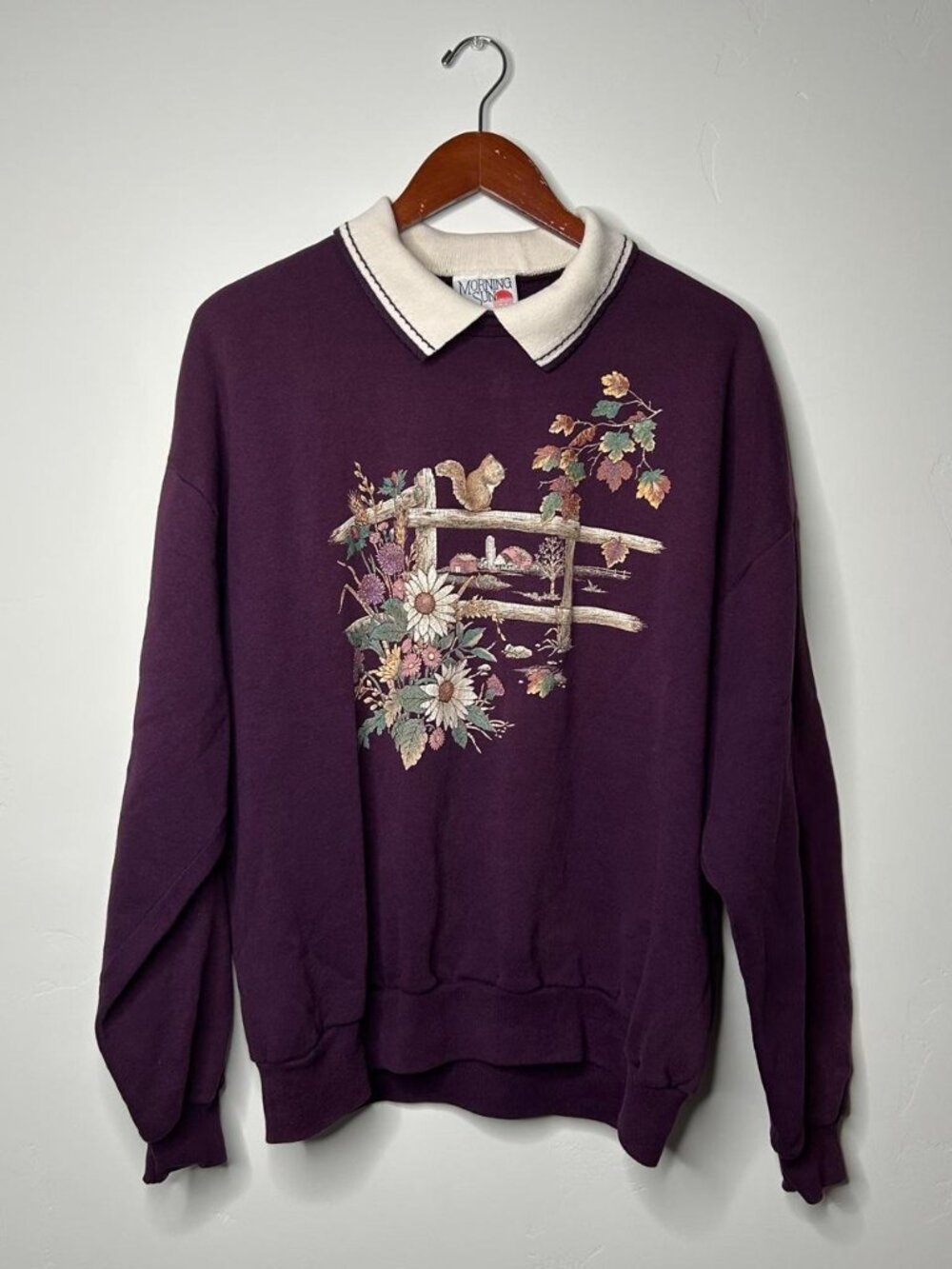 Morning Sun purple floral fall crewneck sweatshirt with squirrel graphic